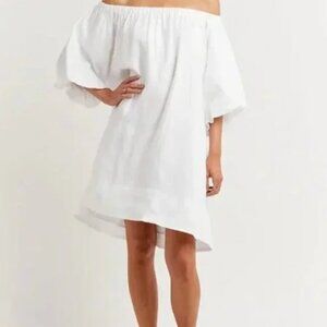 DISSH White Linen Mini Dress - Puff Sleeve Off Shoulder - White